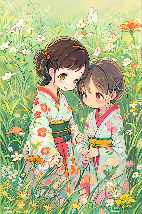 fairytale illustration/Reiko Ikemura, pixabay, simple art, full color illustration, Cute fairy tale illustration, Picture book illustration, Illustration, Hayao Miyazakis style, In the field, Kimono, Kimono、Two girls、lesbian