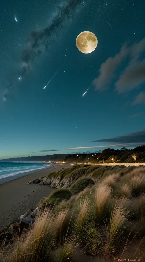 New Zealand beach with tall grass and breeze at midnight full moon in the sky