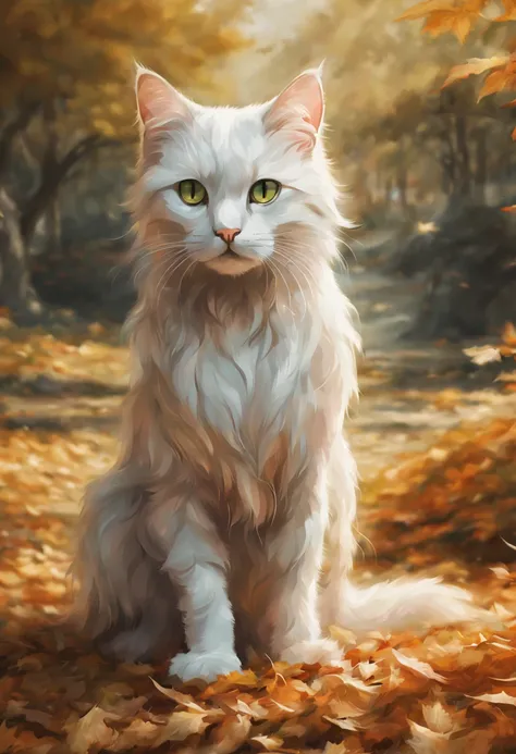 (((ghost cat ))) There is a cat sitting in leaves, anime cat, warrior cat fan art, realistic anime cat, cute detailed digital art, anime art wallpaper 4K, anime art wallpaper 4K, beautiful digital artwork, cute digital painting, 4K detailed digital art, 4K...