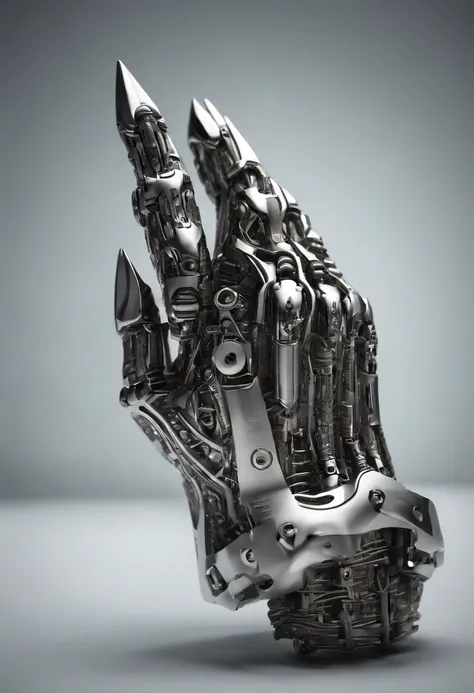 Envision an intriguing image where the subject is a beautiful robotic hand holding a pencil, captured with an exquisite focus on intricate details and a shallow depth of field. Dive into extreme micro-details to emphasize the mechanical intricacies of the ...