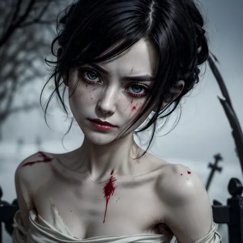 corpse, sinister, female, thin, pale, looking at the camera, ultra realistic, fully detailed, cemetery environment, bright eyes, white dress torn and stained with blood, bones exposed, putrid wounds, sensual, terrifying, bruised by the body, exposed fractu...