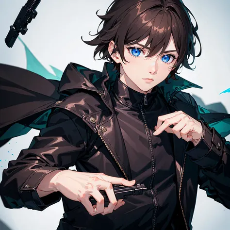 1 boy,blue eyes,brown hair,wearing a black coat,holding a gun