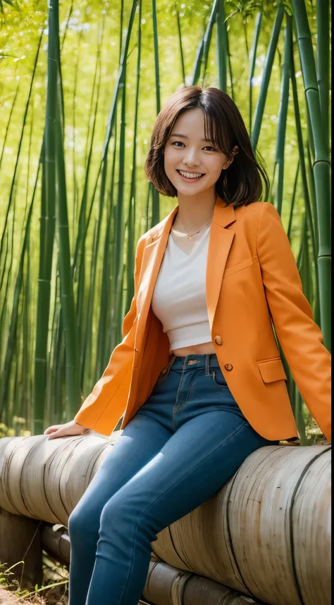 On a vibrant autumn afternoon，Figure 1 is from the highest quality 8K masterpiece.3，Shows a 19 year old girl。She is wearing an orange blazer and skinny jeans，Sitting quietly in the bamboo forest。Sunlight shines through mottled bamboo leaves，A layer of soft...