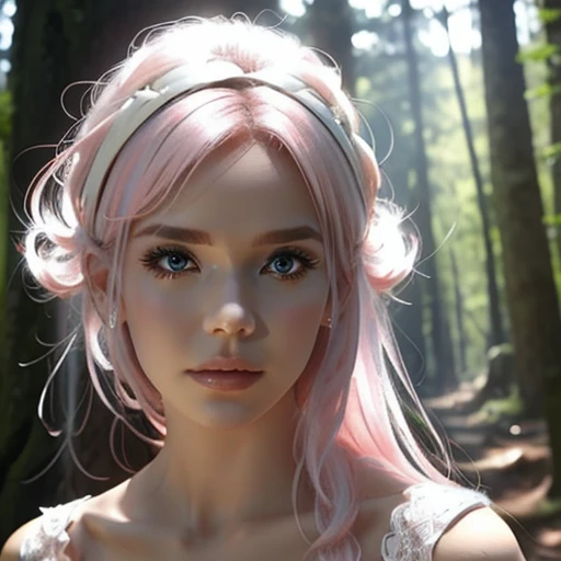 beautiful girl with pink and white hair, white dress, close-up, lots of details, forest in the background,