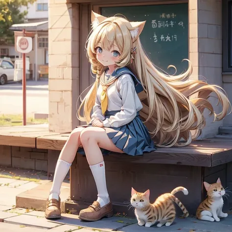 best quality, girl, (loli), kawaii, long hair, blonde hair, light smile, ((small breasts)), (pleated_skirt), looking back, sitting, seifuku, full body, cat ear, JS, junior school student