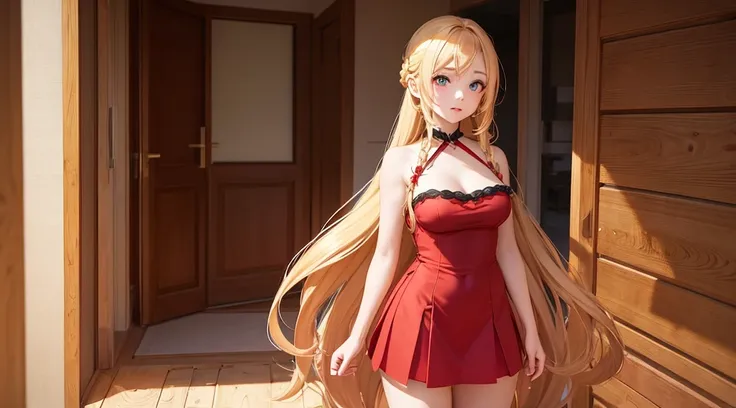 1woman with long hair wearing a red dress, no panties, realistic young anime girl, anime girl in real life, anime girl with long blonde hair, french braided hairstyle, cute natural anime face, realistic anime 3d style, beautiful anime girl, with cute - fin...