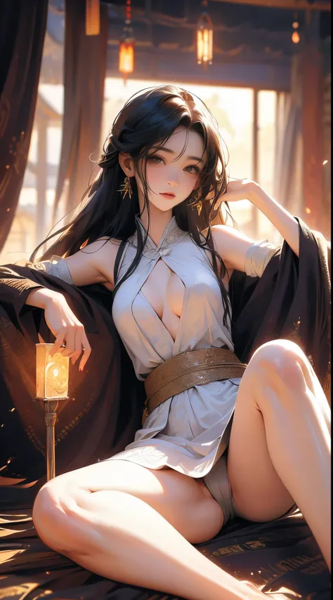 Estilo anime, um quarto em uma casa colonial, antique furnitures, Velas, mulher adulta nua deitada em uma cama colonial, visto de cima, she has random ethnicity and race, long straight hair of random color spread across the colonial bed where she is lying,...