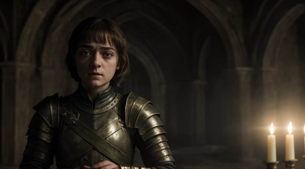 ​Arya Stark, masterpiece, ultra detailed, 8K, Raw photo, Realistic light, Cinematic composition, Realistic face, Realistic skin, full body shot, 18 years, mysterious and alluring sorceress, with honey hair and green eyes, conjuring spells in a dimly lit ch...