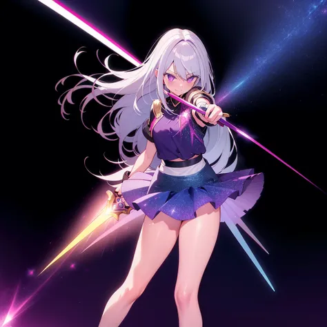 High kick, colorful, 1 girl, white hair, purple eyes, starlight eyes, sexual, double hilt, sword, hand sword, blue flames, glitter, shiny weapon, light particles, wallpaper, chromatic aberration, putting up leg, (spreading legs:1.5, panties, skirt lift ),