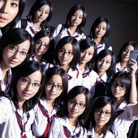 a picture、6+girl with、Black-rimmed glasses、((((Gigantic Breasts))))、Same height、matching school uniform、matching black-rimmed glasses、7 cute 18 year old girls with long black hair and big breasts、a smile、selfee、‎Classroom、Raw photo、The same face、clones、Raw...