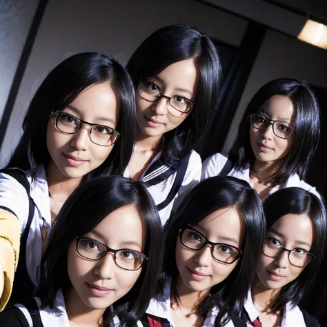 a picture、6+girl with、black-rimmed glasses、((((gigantic breasts))))、same height、matching school uniform、matching black-rimmed gl...