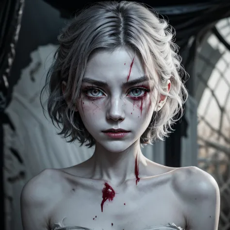 corpse, sinister, female, thin, pale, looking at the camera, ultra realistic, fully detailed, cemetery environment, bright eyes, white dress torn and stained with blood, bones exposed, putrid wounds, sensual, terrifying, bruised by the body, exposed fractu...