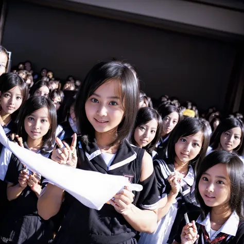 a picture、(((multiple girls))),((((6+girls)))),((((100girls)))),(((1000girls)))、((((100 Girls))))、(((crowd shot))),Women only、The same face、School Uniform、12 years old、Long black hair、100 cute girls、ssmile、Selfie stick、‎Classroom、Raw photo、(((Large group))...