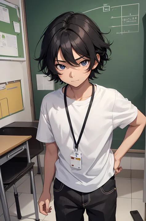 1boy, young male, age 12, black hair, happy, solo, detailed eyes, quality eyes, masterpiece, (UntuckedShirt:1.2), UntuckedShirt, student, plain White t-shirt, t-shirt, short sleeves, long black pants, wearing lanyard, classroom, school, anime, line art ani...