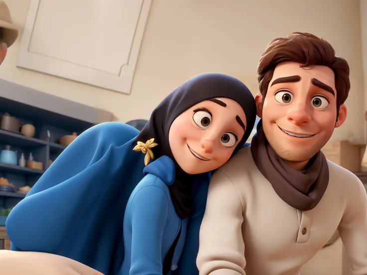 couple (homme brun et femme blanche, la femme porte un hijab noire), À la Disney Pixar, Haute qualité, Meilleure qualité, 3D.