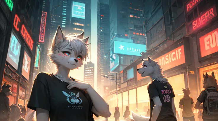 (Cyberpunk), (hands behind back), furry, white fur, super cute face, detail elements on fur, glowing t-shirt, beautiful lights and shadows, ambient light, super fine fur, volumetric light