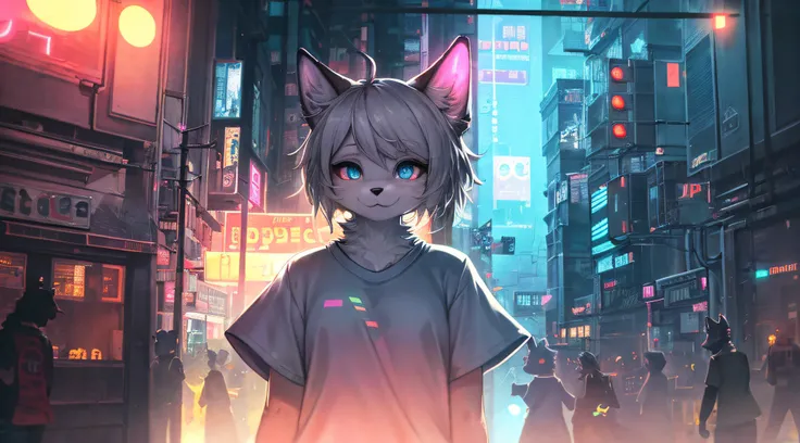 (Cyberpunk), (hands behind back), furry, white fur, super cute face, detail elements on fur, glowing t-shirt, beautiful lights and shadows, ambient light, super fine fur, volumetric light