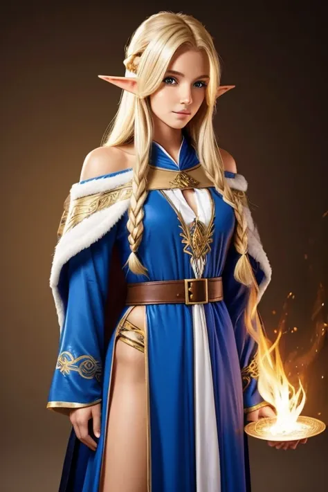 a pretty mage elf blonde with a long hair using mage robes