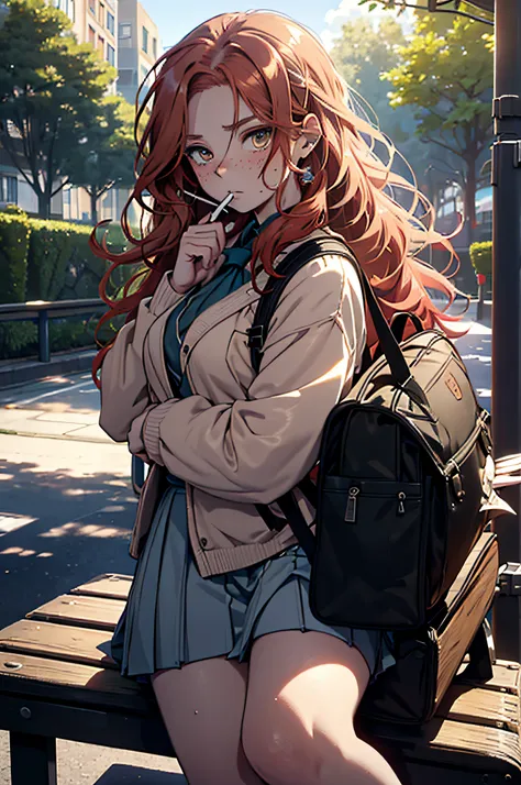 (ultra-detailed, hd, vivid color, 2d, anime), female, 17 years old, red hair, bored, long hair, mature, tired, cigarette between...