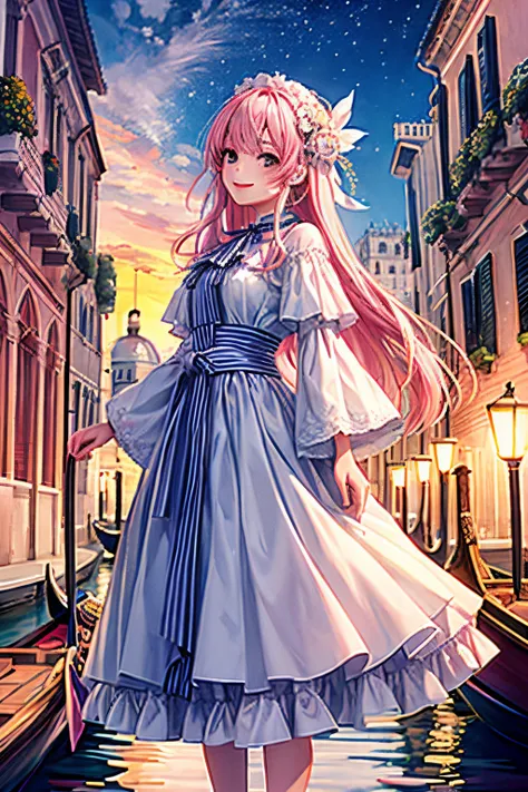 １girl with、top-quality、lighting like a movie、row a gondola、A smile、Venetian、White costume、A pink-haired、