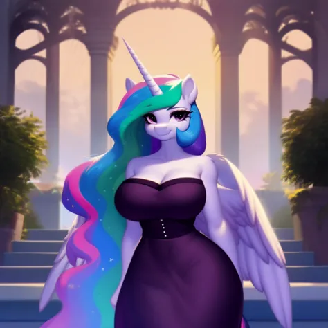 (score_9), (source_pony), (solo), (alicorn), ((anthro Princess celestia fusion twilight sparkle:1.1)), (strapless dress), facing you, sexy, smiling, sensual, long Messy hair, anatomically correct, night garden, standing near fountain, big breast, half body...