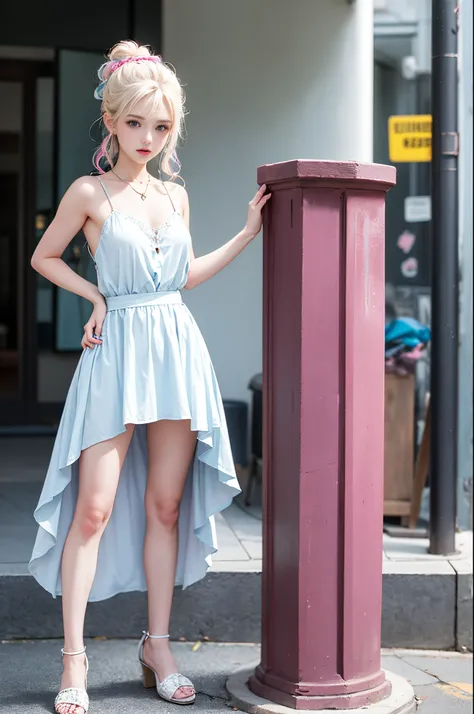 Light blue and pink color scheme，Sexy Girl ，white curly hair,　Colorful colored camisole, standing, full body, 18 year old girl,