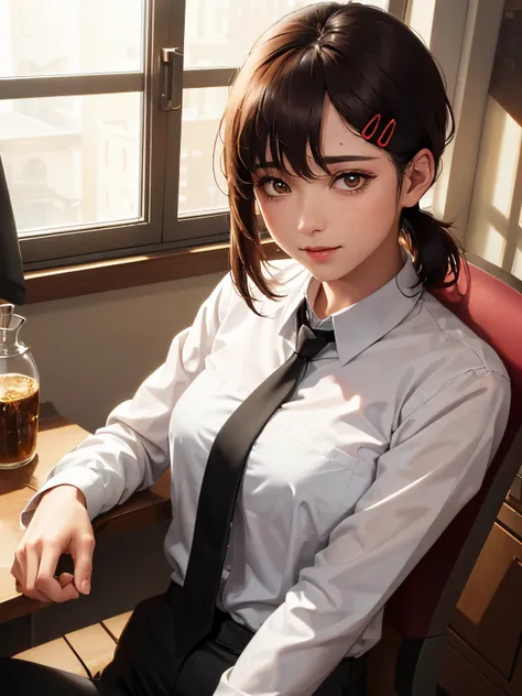 Masterpiece, Best Quality, Ultra-detailed, illustartion, epic lighting, cinematic  composition, isometric, 1girl, 独奏, Cute, Brown eyes, black hair, swept bangs, single sidelock, red hairclip, collared white shirt, black necktie, Black pants, formal, enchan...