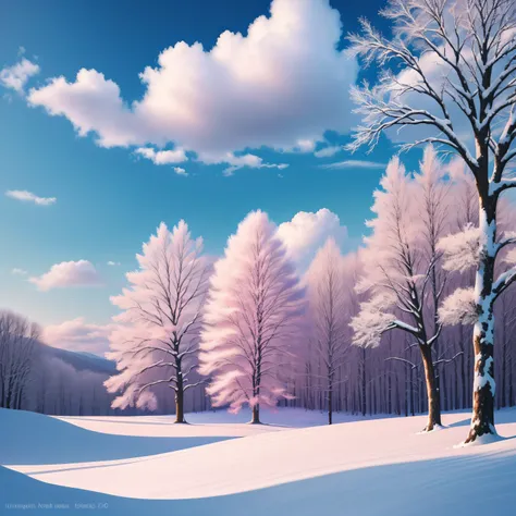 (Best Quality, Masterpiece) Beautiful, Snowy landscapes, warm, pale pink, Another winter tree, Bright color, Bright, blue skies, covered with clouds, The Spirit of Hope, Calm and peaceful landscape.