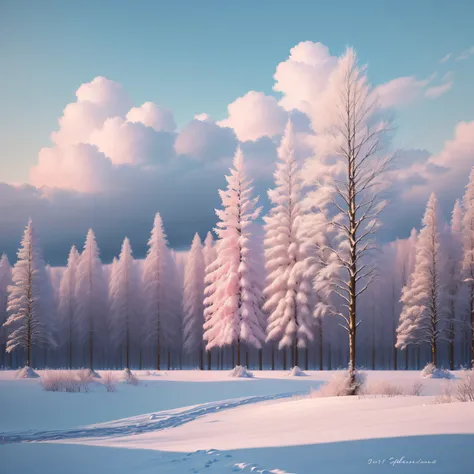 (Best Quality, Masterpiece) Beautiful, Snowy landscapes, warm, pale pink, Another winter tree, Bright color, Bright, blue skies, covered with clouds, The Spirit of Hope, Calm and peaceful landscape.