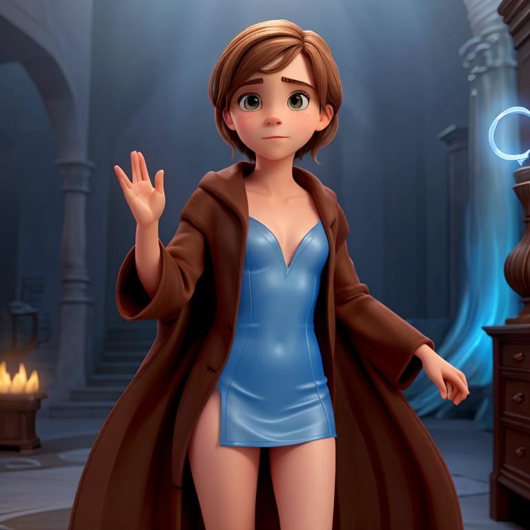 Emma Watson, brown robe, open robe, naked under robe, waving magic wand (glowing blue tip).