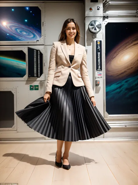 (shy:1,3) smiling woman playing with skirt, dancing, wearing short blazer and very very detailed (long (fully pleated) full circle skirt) and (simple) low heeled office shoes, very very intricate hyper-detailed symmetric (attractive graceful young feminine...