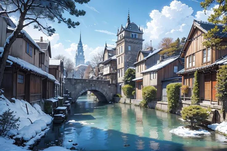 masutepiece, Best Quality, Ultra-detailed, fine detailed, 8K, breathtaking sights, Spectacular views, blue sky, winter, snow, powder snow, snow mountain, snow tree, Multiple large floating islands, Multiple towers of various sizes, Ancient buildings, Ancie...