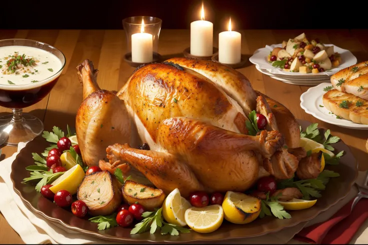 turkey served as food, turkey in whole size, fresh organic turkey, juicy meat, succulent turkey, tender texture, mouthwatering flavor, perfectly roasted turkey, crispy golden skin, aromatic herbs and spices, Thanksgiving centerpiece, festive feast, family ...