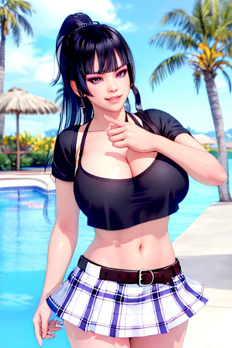 1girl, bangs, belt, black hair, blunt bangs, cleavage, crop top, day, holster, huge breasts, lips, long hair, looking at viewer, midriff, miniskirt, navel, nyotengu, ocean, outdoors, palm tree, plaid, plaid skirt, police, pool, purple eyes, shirt, short sl...