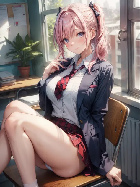 top-quality、Full limbs、complete fingers、one beautiful women、Beautiful Large Breasts、poneyTail、Pink hair、((Dark blue blazer))、White Y-shirt、The second button of the shirt is open、loose red tie、Red plaid miniskirt、A big smile、schools、‎Classroom、Sunset throug...