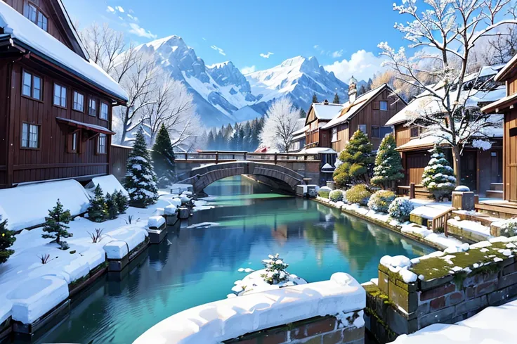 masutepiece, Best Quality, Ultra-detailed, fine detailed, 8K, breathtaking sights, Spectacular views, blue sky, winter, snow, powder snow, snow mountain, snow tree, Multiple large floating islands, Multiple towers of various sizes, Ancient buildings, Ancie...