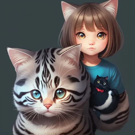 A cute little girl holding a American Shorthair cat, face close - up, looking at the viewer, upper body of the character,bold colors, flat illustration, geometric shapes, minimalism, vector illustration, --auto --s2