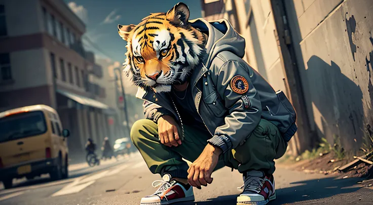 (realistic),(masterpiece:1.2), (best quality:1.2), Chien tiger with jacket and skateboard, cargo pant