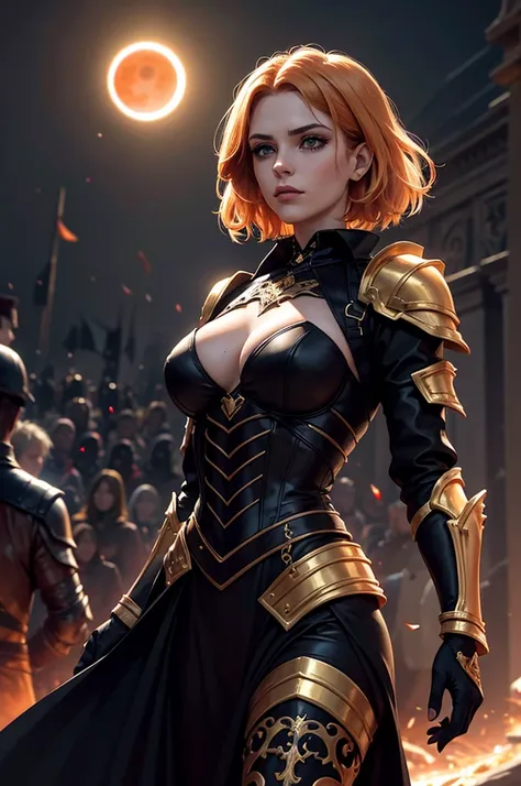 Uma personagem feminina usando capa, short golden hair, In the midst of the crowd,Eclipse,goth clothing, detalhadas, 8k, magnificent art, dramatic scene, Red eclipse at the top of the image, Gothic armor with golden details, Vampiro, fluttering cover