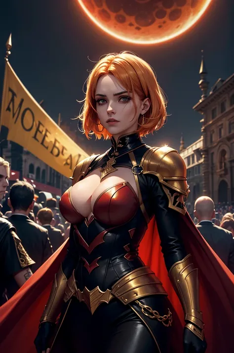 Uma personagem feminina usando capa, short golden hair, In the midst of the crowd,Eclipse,goth clothing, detalhadas, 8k, magnificent art, dramatic scene, Red eclipse at the top of the image, Gothic armor with golden details, Vampiro, fluttering cover