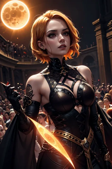 Uma personagem feminina usando capa, short golden hair, In the midst of the crowd,Eclipse,goth clothing, detalhadas, 8k, magnificent art, dramatic scene, Red eclipse at the top of the image, Gothic armor with golden details, Vampiro, fluttering cover