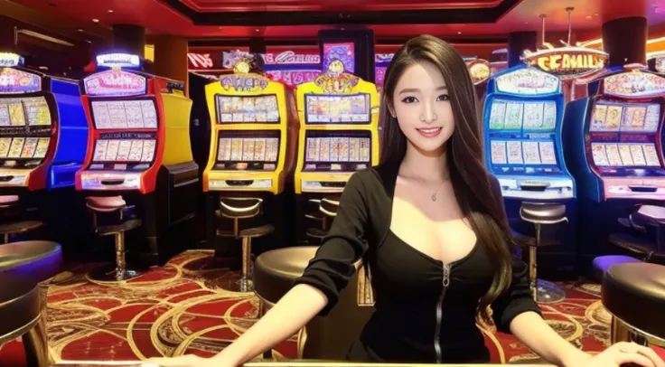 ((beste-Qualit, 10, masterpiece: 1.3)), 1girls, Slim Abs Beauty: 1.3, (Hairstyle Casual, large boobs: 1.2), dress: 1.1, Super Fine Face, delicate eyes, 二重まぶた, smile, (The slot machine sign has the number 369....),(Play Slot Machines,PG slot games),(Random ...