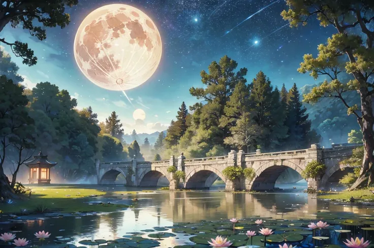 masterpiece, best quality, ultra-detailed, fine detailed, 8k, Starry sky, Full moon, large pond with water lilies, rocky area, rainforest, flower petals, ancient China, white red ruins, red bridge, mythology