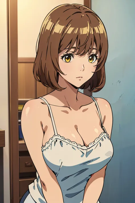 Best Quality, masutepiece, Brown hair, Yellow eyes, Yuriko Aoki, Stand in the changing room, Embarrassed look, oversized tits, White camisole:1.5, no-bra, Thin fabric, The upper part of the body, Close-up on the chest