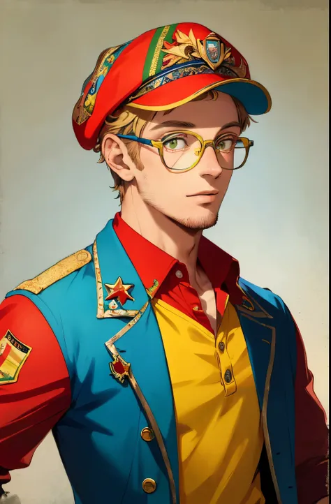 Realistic, (masterpiece, top quality, best quality, official art), very detailed, colorful, most detailed, Man with cap,Young man with cap,humorous,homem divertido,wearing juliet glasses,blue and red glasses,juliet glasses,yellow cap,camisa do Benfica,cami...