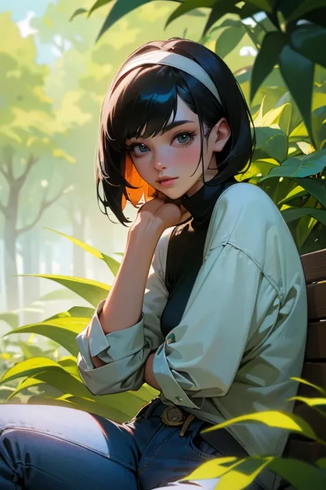 (best quality,4k,highres,masterpiece:1.2),ultra-detailed,realistic,single girl:A young woman, 18 years old, with short black hair, sitting in a park, wearing a black turtleneck, jeans, and a hairband,beautiful detailed eyes,beautiful detailed lips,surround...