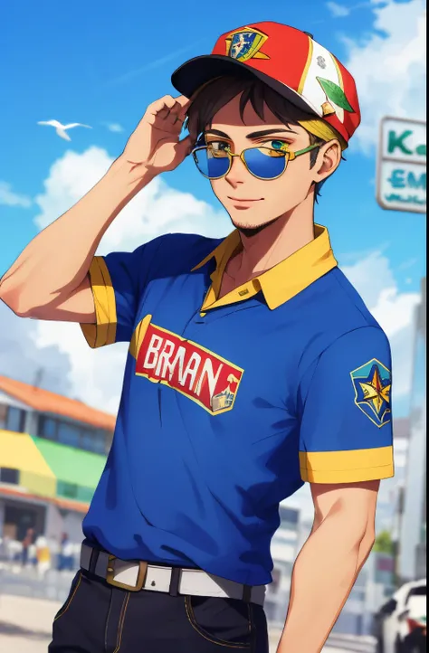 Realistic, (masterpiece, top quality, best quality, official art), very detailed, colorful, most detailed, Man with cap,Young man with cap,humorous,homem divertido,wearing juliet glasses,blue and red glasses,juliet glasses,yellow cap,camisa do Benfica,cami...