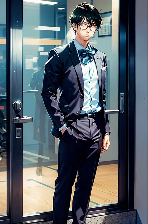 anime adult man, striped formal pants, office glass window