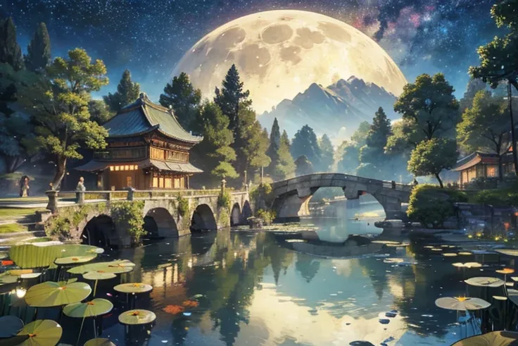 masterpiece, best quality, ultra-detailed, fine detailed, 8k, Starry sky, Full moon, large pond with water lilies, rocky area, rainforest, flower petals, ancient China, white red ruins, red bridge, mythology