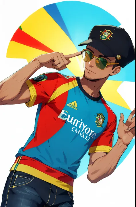 Realistic, (masterpiece, top quality, best quality, official art), very detailed, colorful, most detailed, Man with cap,Young man with cap,humorous,homem divertido,wearing juliet glasses,blue and red glasses,juliet glasses,yellow cap,camisa do Benfica,cami...